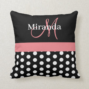 Black White Pink Monogram Script Polka Dots Throw  Cushion