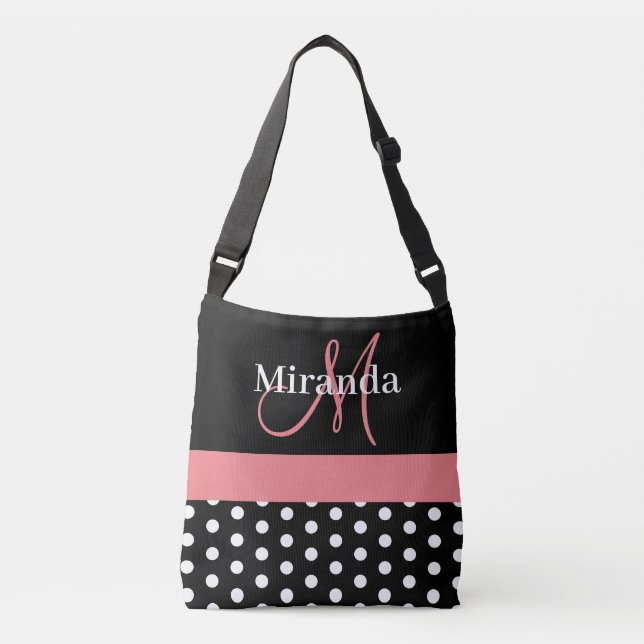 Black White Pink Monogram Script Polka Dots Tote B (Front)