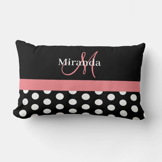 Black White Pink Monogram Script Polka Lumbar Cushion (Front)