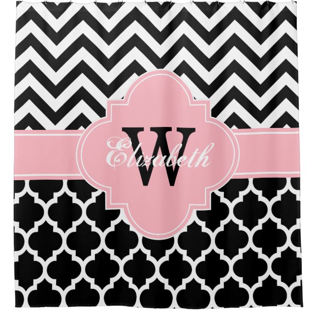 Black White Pink Moroccan #5 Chevron 1IQRN Shower Curtain (Front)
