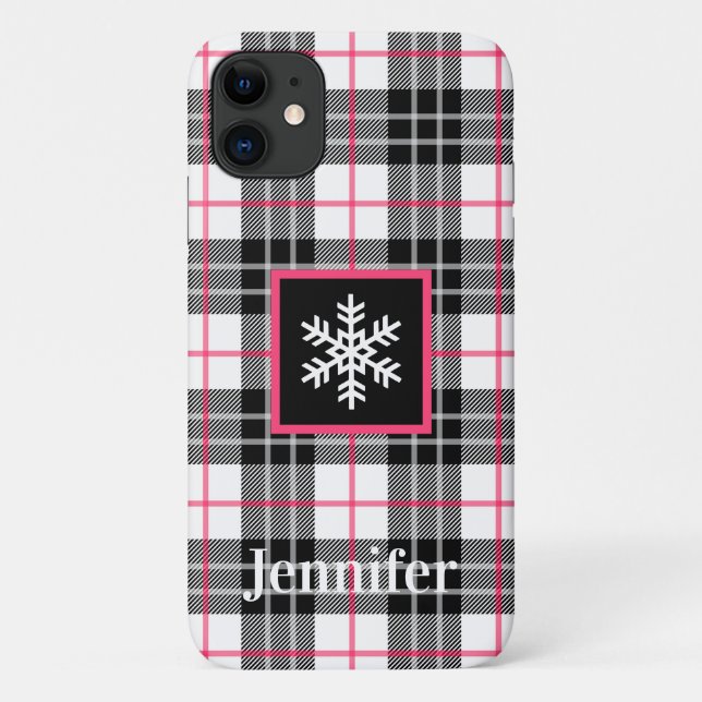 Black, White, Pink Plaid, Snowflake Case-Mate iPhone Case (Back)