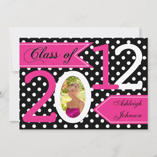 Black White Pink Polka Dot Photo Graduation Invite (Front)