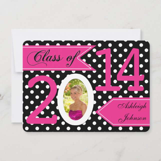 Black White Pink Polka Dot Photo Graduation Invite (Front)