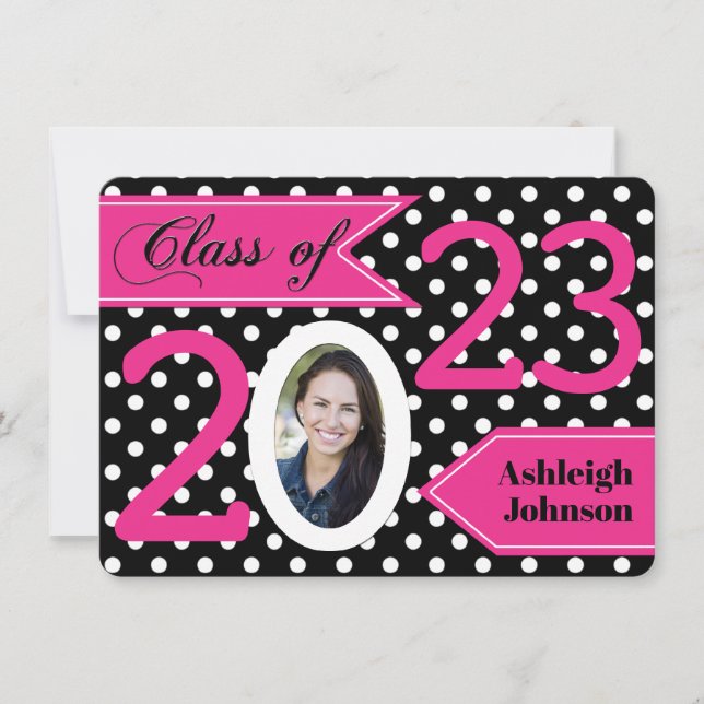 Black White Pink Polka Dot Photo Graduation Invite (Front)