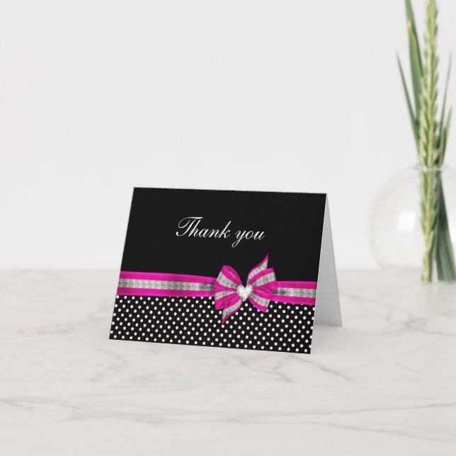 Black White Pink Polka Dot Thank You Card (Front)