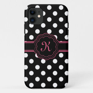 Black White Pink Polka Dots Monogram iPhone 11 Case
