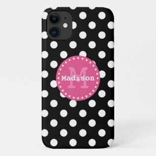 Black White Pink Polka Dots Monogram iPhone 11 Case