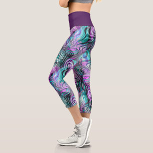 Black White Pink Purple Aqua Turquoise Fractals Capri Leggings