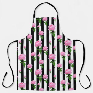 Black White Pink Rose Flower Stripes Lines Apron
