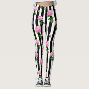 Black White Pink Rose Flower Stripes Lines Leggings