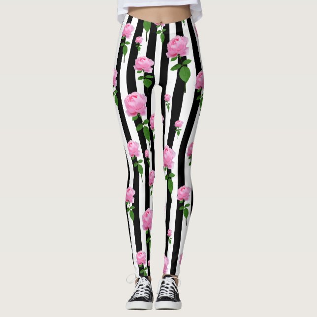 Black White Pink Rose Flower Stripes Lines Leggings (Front)