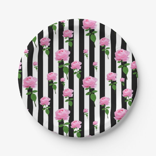 Black White Pink Rose Flower Stripes Lines Paper Plate (Front)