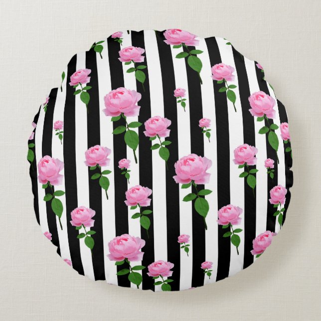 Black White Pink Rose Flower Stripes Lines Round Cushion (Front)