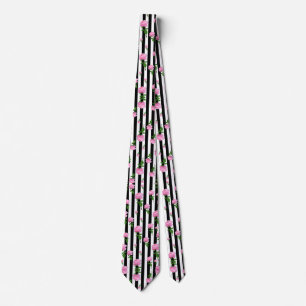Black White Pink Rose Flower Stripes Lines Tie