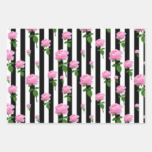 Black White Pink Rose Flower Stripes Lines Wrapping Paper Sheet