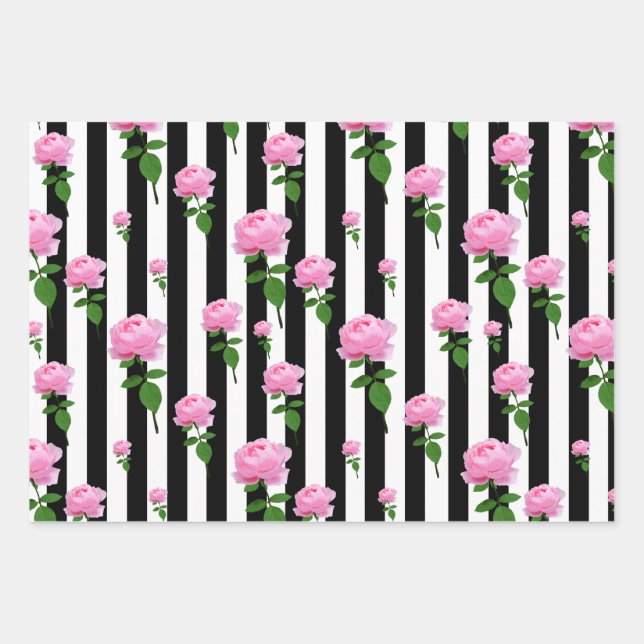 Black White Pink Rose Flower Stripes Lines Wrapping Paper Sheet (Front)