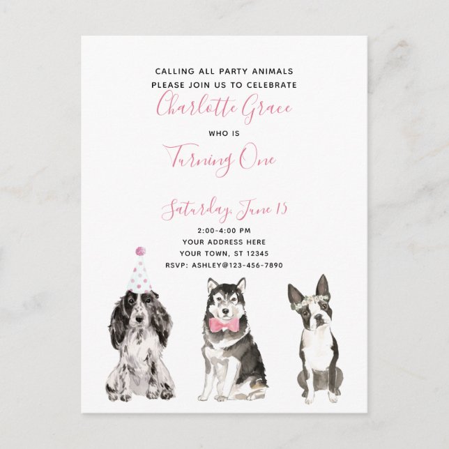 Black White Pink Script Girl's 1st Birthday Party Invitation Postcard (Front)