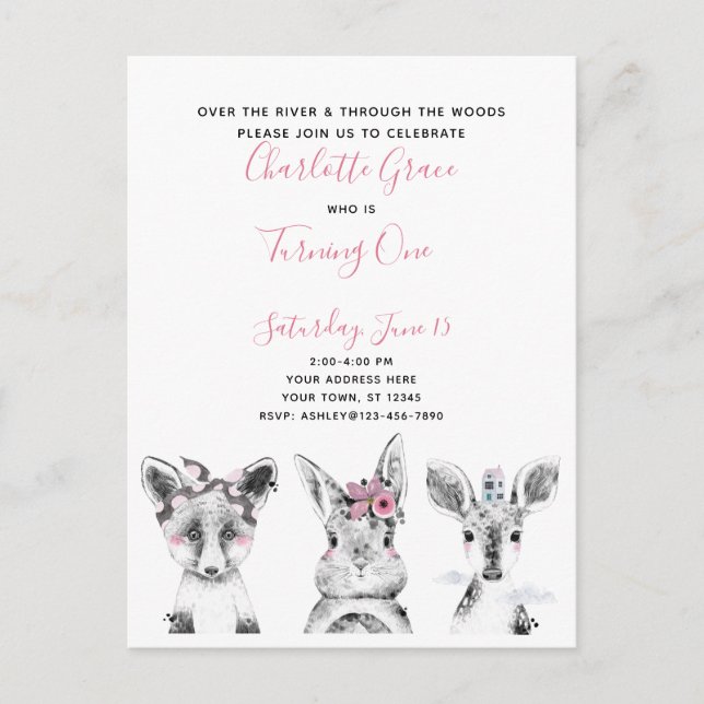 Black White Pink Script Woodland Birthday Party Invitation Postcard (Front)