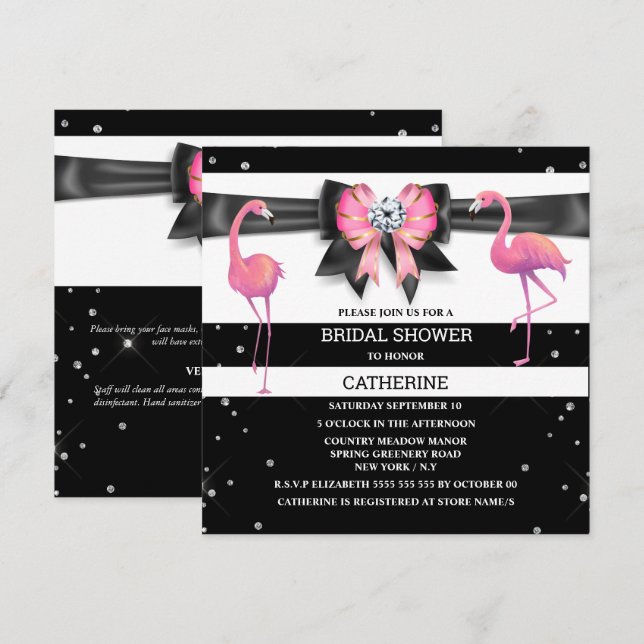 Black white pink stripe glitter bow flamingo chic invitation (Front/Back)