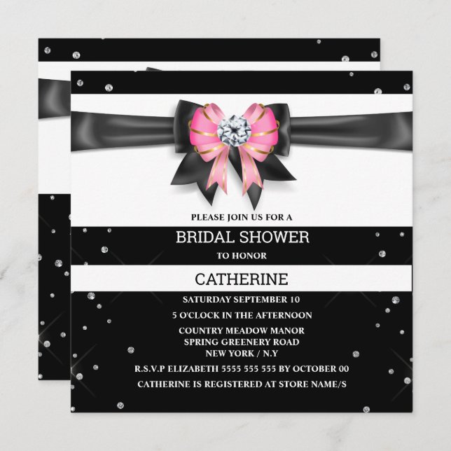 Black white pink stripe glitter bow sparkle invitation (Front/Back)