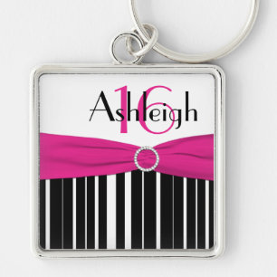Black, White, Pink Striped 16 Keychain with Name