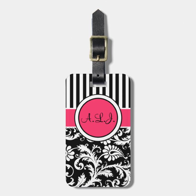 Black, White, Pink Striped Damask Luggage Tag (Front Vertical)
