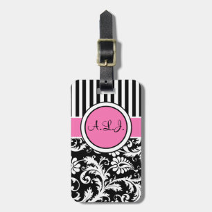 Black, White, Pink Striped Damask Luggage Tag