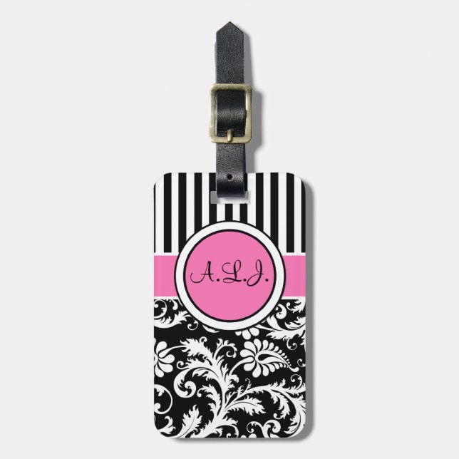 Black, White, Pink Striped Damask Luggage Tag (Front Vertical)