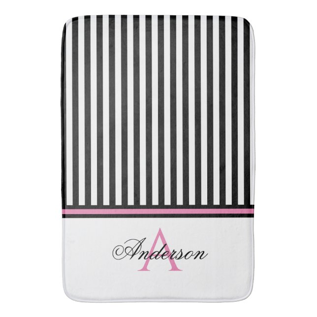 Black White Pink Stripes Monogram   Bath Mat (Front Vertical)