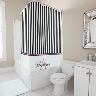 Black White Pink Stripes Monogram   Shower Curtain