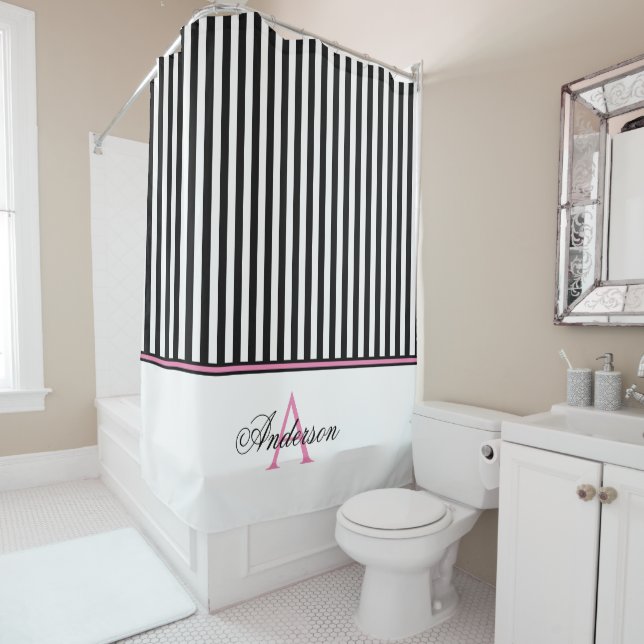 Black White Pink Stripes Monogram   Shower Curtain (In Situ)