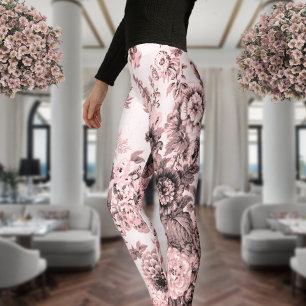 Black White Pink Vintage Botanical Floral Toile Leggings