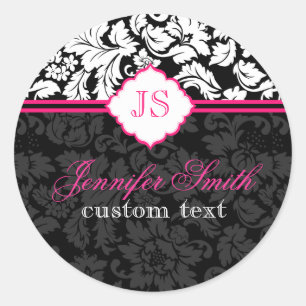 Black White & Pink Vintage Floral Damasks 2 Classic Round Sticker