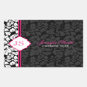 Black White & Pink Vintage Floral Damasks 2 Rectangular Sticker