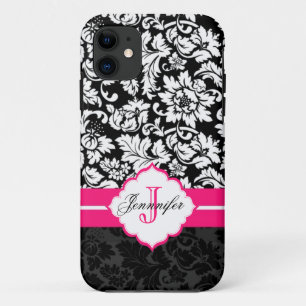 Black White & Pink Vintage Floral Damasks iPhone 11 Case