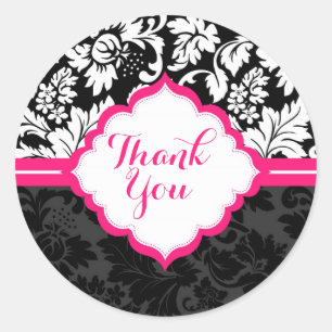 Black White & Pink Vintage Floral Damasks Classic Round Sticker
