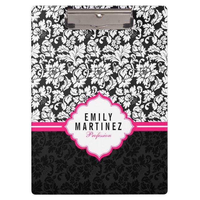 Black White & Pink Vintage Floral Damasks Clipboard (Front)