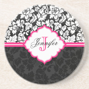 Black White & Pink Vintage Floral Damasks Coaster