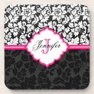 Black White & Pink Vintage Floral Damasks Coaster