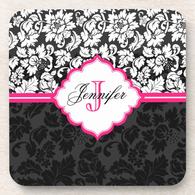 Black White & Pink Vintage Floral Damasks Coaster (Front)