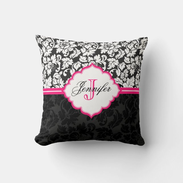 Black White & Pink Vintage Floral Damasks Cushion (Front)