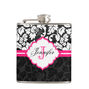 Black White & Pink Vintage Floral Damasks Hip Flask