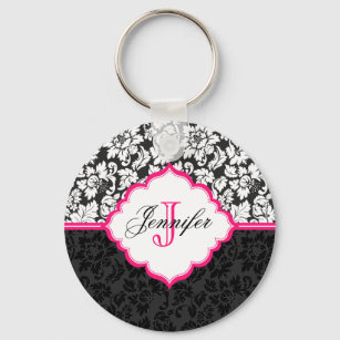 Black White & Pink Vintage Floral Damasks Key Ring