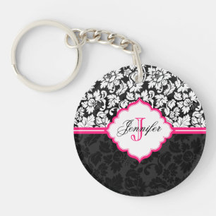 Black White & Pink Vintage Floral Damasks Key Ring