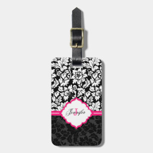 Black White & Pink Vintage Floral Damasks Luggage Tag