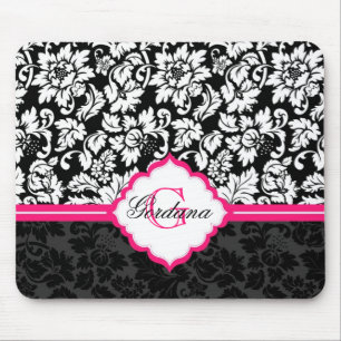 Black White & Pink Vintage Floral Damasks Mouse Mat