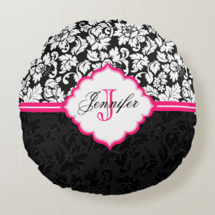 Black White & Pink Vintage Floral Damasks Round Cushion