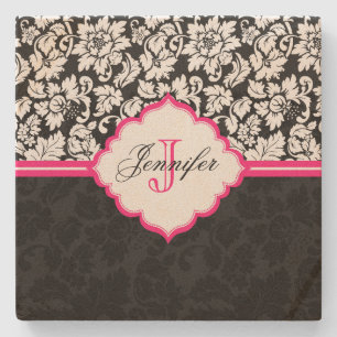 Black White & Pink Vintage Floral Damasks Stone Coaster
