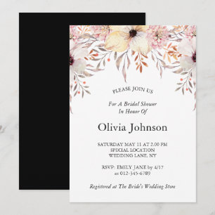 Black White Pink Watercolor Floral Bridal Shower Invitation