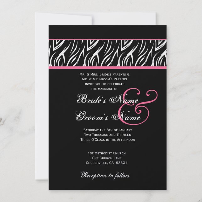 Black White Pink Zebra Flame Wedding Metallic Invitation (Front)